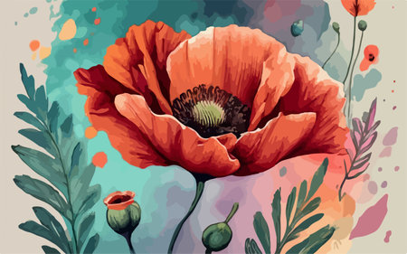 Red poppies on a watercolor background. Vector illustration.のイラスト素材