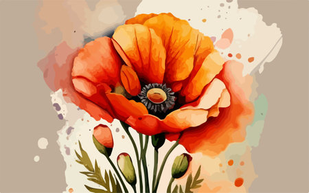 Poppy flower on grunge watercolor background. Vector illustration.のイラスト素材