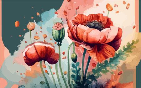 Poppy flowers in watercolor style. Hand drawn vector illustration.のイラスト素材