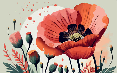 Poppy flower illustration. Hand drawn vector illustration with poppies.のイラスト素材