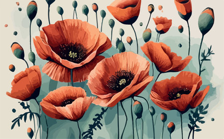 Red poppies on a blue background. Hand drawn illustration.のイラスト素材