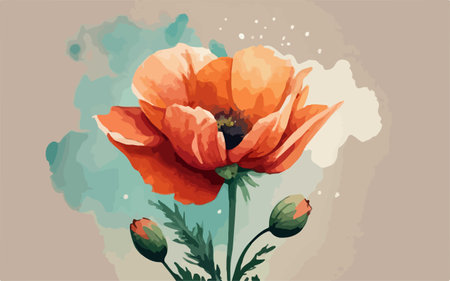 Vector illustration of an orange poppy flower on a watercolor background.のイラスト素材