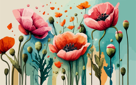 Poppies. Hand drawn vector illustration. Can be used for wallpaper, pattern fills, web page background, surface textures.のイラスト素材