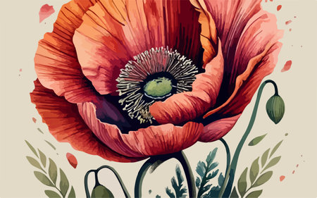 Poppy flower. Vector illustration in watercolor style. Hand drawn.のイラスト素材