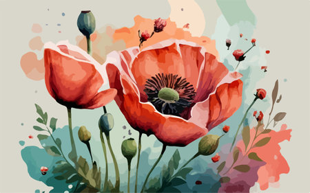 Watercolor poppies on grunge background. Vector illustration.のイラスト素材