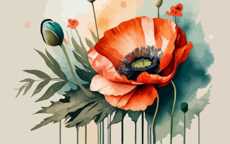 Red poppies. Hand drawn watercolor illustration. Vector.のイラスト素材
