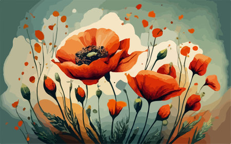 red poppies on a background of blue sky, vector illustrationのイラスト素材