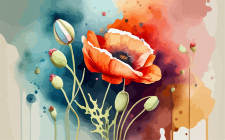 red poppies on abstract watercolor background. vector illustration.のイラスト素材