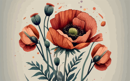 Red poppies on a gray background. Hand drawn vector illustration.のイラスト素材
