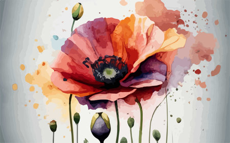 Vector illustration of poppies on a white background with watercolor splashesのイラスト素材
