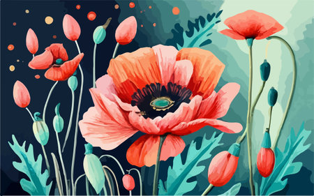 Poppies and poppy flowers on colorful background. Vector illustration.のイラスト素材