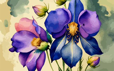 Watercolor illustration of blue and purple flowers on grunge background.のイラスト素材