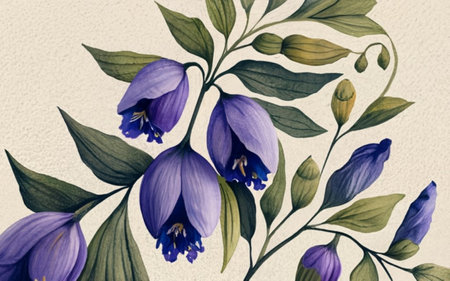 Vintage floral background with blue crocus flowers and green leaves.のイラスト素材