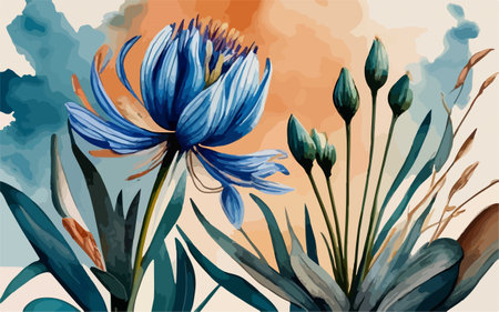 Beautiful vector floral background with blue crocus flowers and leaves.のイラスト素材