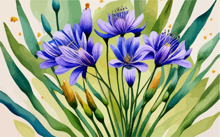 Illustration of blue crocus flowers with leaves on a white backgroundのイラスト素材