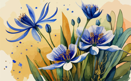 Vector illustration of a bouquet of blue cornflowers on a yellow backgroundのイラスト素材