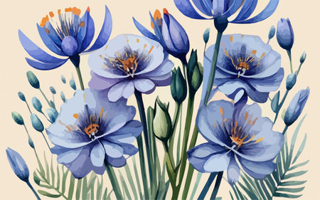 Blue flowers on a beige background. Hand-drawn illustration.のイラスト素材
