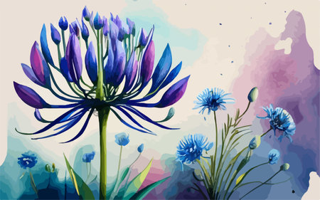 Illustration of blue cornflowers and blue flowers on watercolor backgroundのイラスト素材