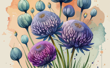 Illustration of a watercolor floral background with purple wildflowersのイラスト素材