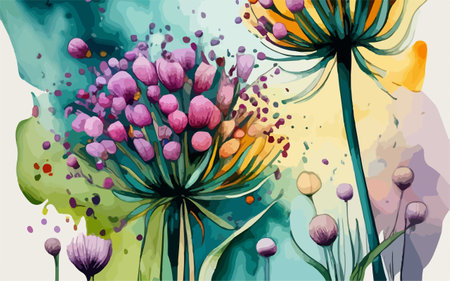 Beautiful floral background with dandelions and watercolor splashesのイラスト素材