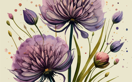 Watercolor floral background with purple chrysanthemums and tulipsのイラスト素材