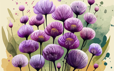 Illustration of purple flowers on a grunge background with splashesのイラスト素材