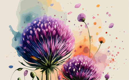 Watercolor illustration of purple thistle flowers with watercolor splashesのイラスト素材