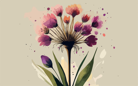 Flower bouquet with watercolor paint splashes. Vector illustration.のイラスト素材