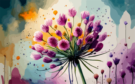 Vector floral background with crocus flowers and watercolor splashes.のイラスト素材