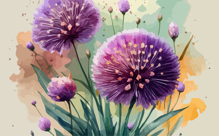 Watercolor floral background with purple flowers and leaves. Vector illustration.のイラスト素材