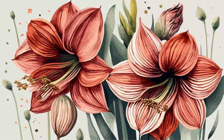 Bouquet of red amaryllis flowers. Watercolor illustrationのイラスト素材