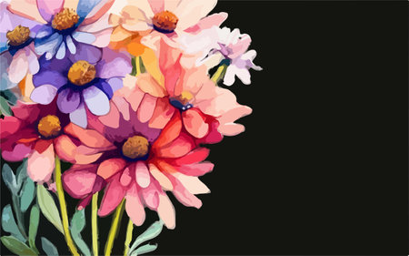 Bouquet of colorful flowers on black background. Vector illustration.のイラスト素材
