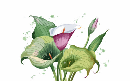 Illustration of calla lily flowers and leaves on white backgroundのイラスト素材