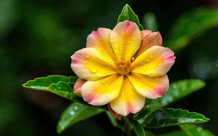 Yellow and pink hibiscus flower with raindrops on green leavesの素材