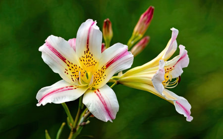White lily with pink and white blossom on a green backgroundの素材