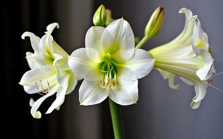 Beautiful white Amaryllis flowers on a dark background.の素材