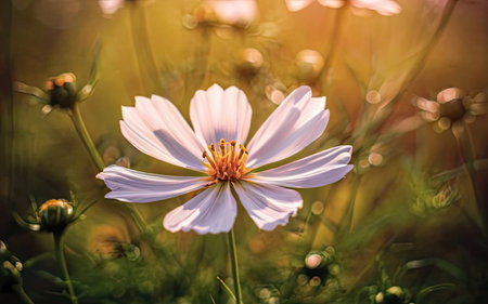 Beautiful cosmos flower in the garden with sunlight and bokehの素材