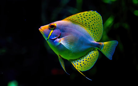 tropical fish in an aquarium on a black background, close-upの素材
