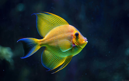Close-up of a discus fish swimming in an aquarium.の素材
