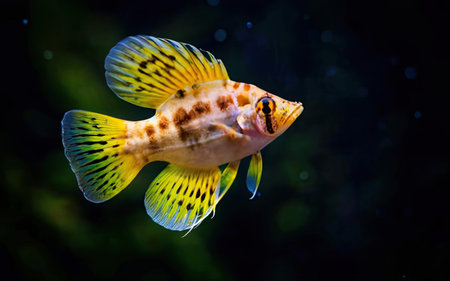Beautiful yellow fish in an aquarium with a black background. Tropical fish.の素材