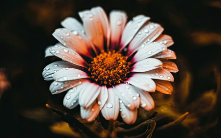 Close up of a beautiful daisy flower with water droplets.の素材