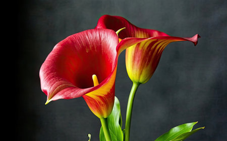 Beautiful calla lilies on black background, close-upの素材