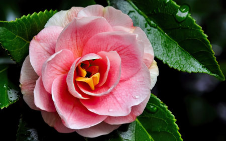 Camellia flower with water drops, close-up.の素材