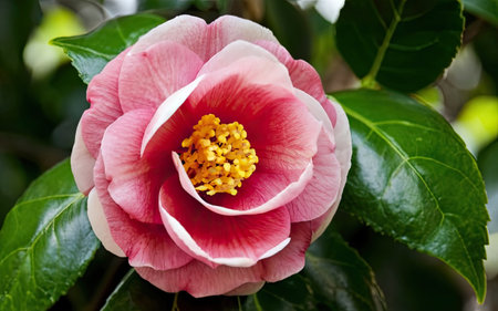 Camellia flower in the garden with green leaves background.の素材