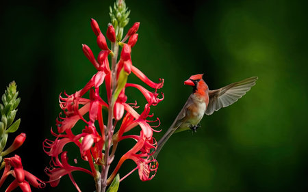 Male Red-breasted Cardinal (Carduelis carduelis) perched on a red flowerの素材