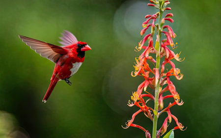 Male Red Cardinal (Cardinalis cardinalis) on red flowerの素材