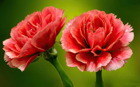 two red carnations on a green background, close-up.の素材