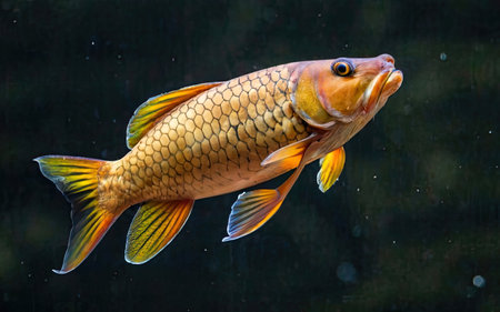 golden carp swimming in the aquarium. closeup of gold fishの素材