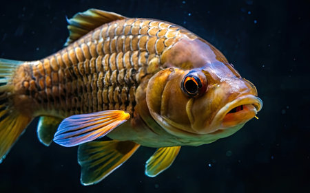 closeup of a goldfish swimming in an aquarium on a dark backgroundの素材