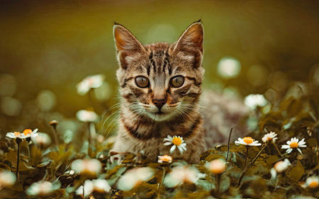 Kitten in the grass with daisies. Nature background.の素材